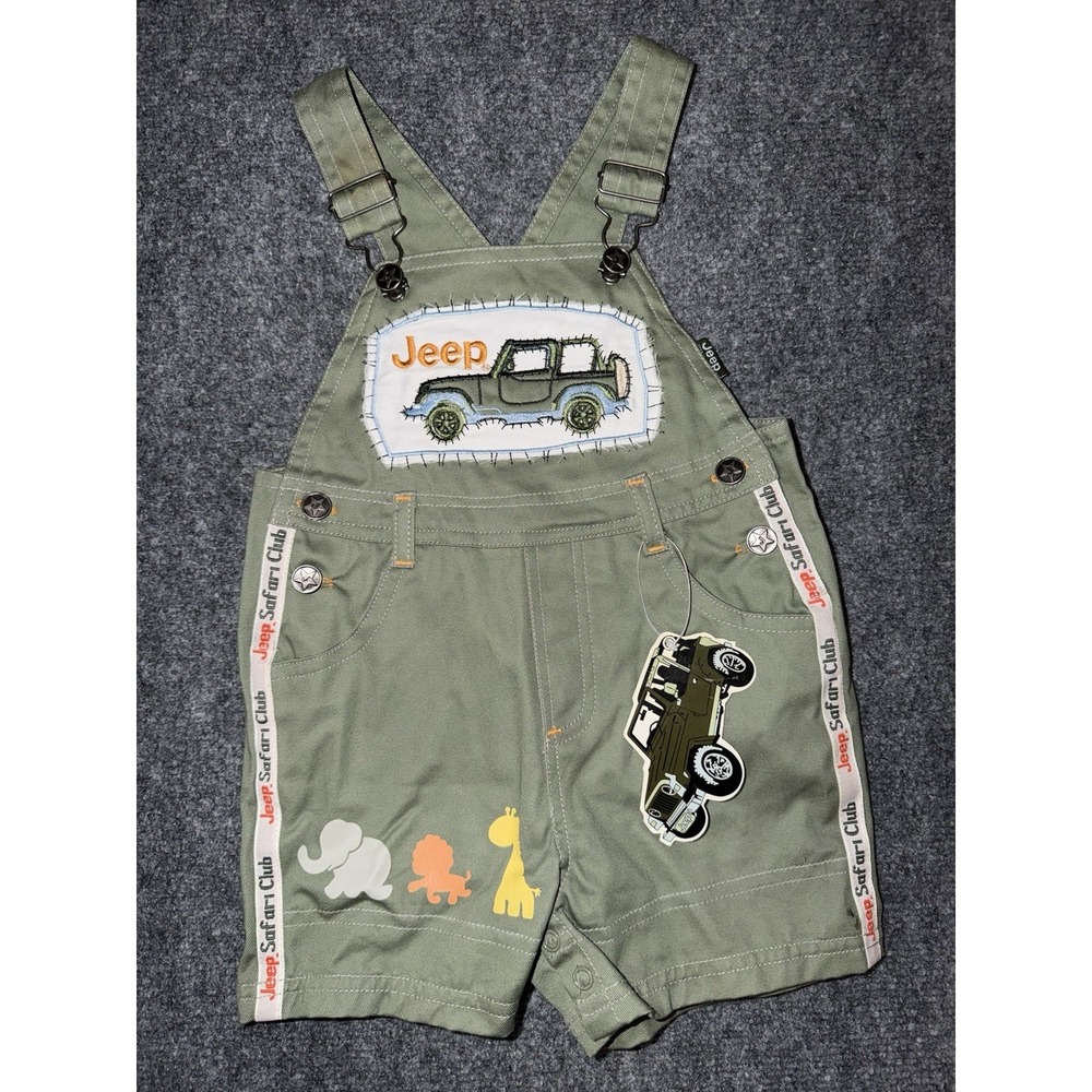 NWT 18 Month Boys Vtg JEEP Safari Club Green Shortalls Zoo Animals
